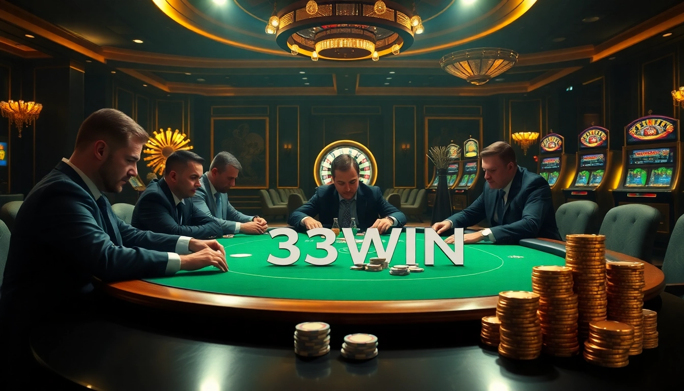 Engaging poker game scene symbolizing 33WIN with players and high-stakes excitement in a luxury casino.