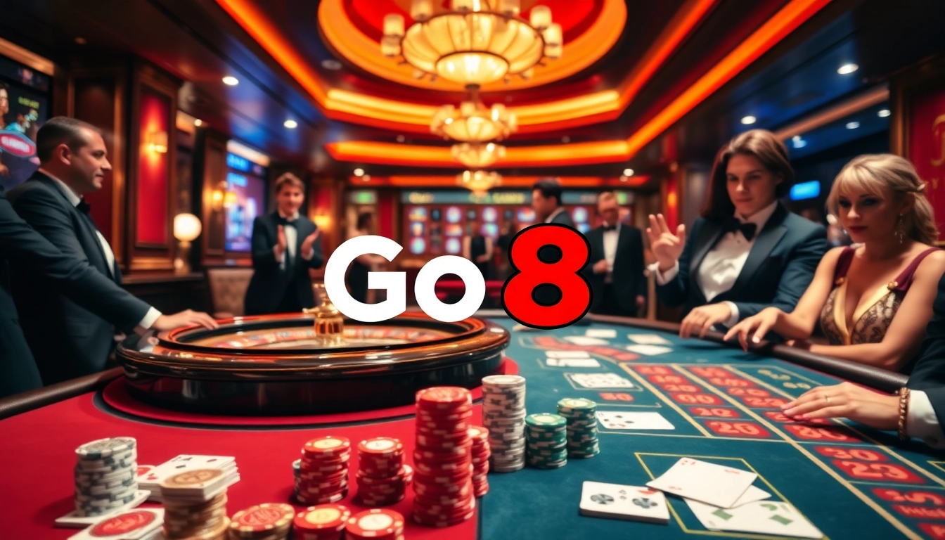 Experience luxury gaming at Go8 with poker chips and roulette wheels in a vibrant setting.