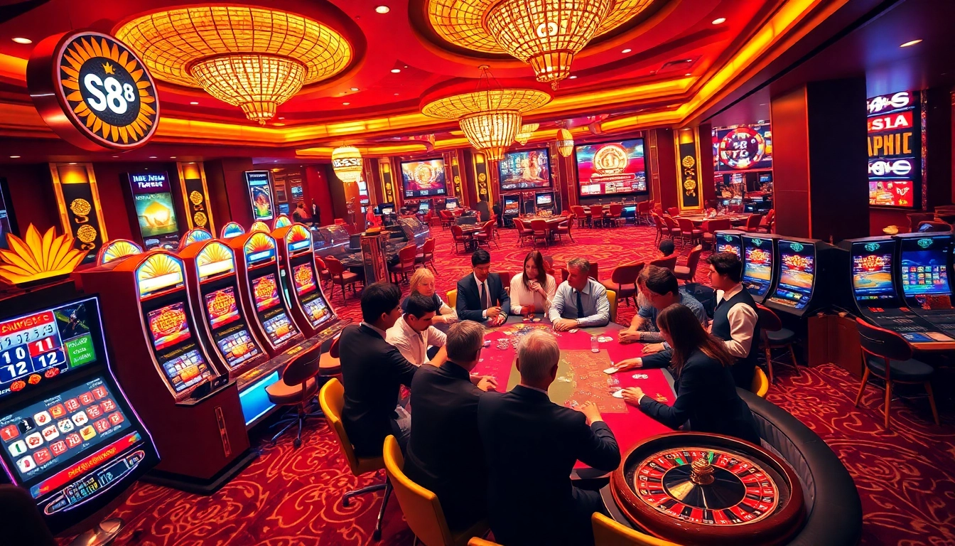 S8 players engaging at a poker table in a luxurious casino setting with dynamic gameplay.