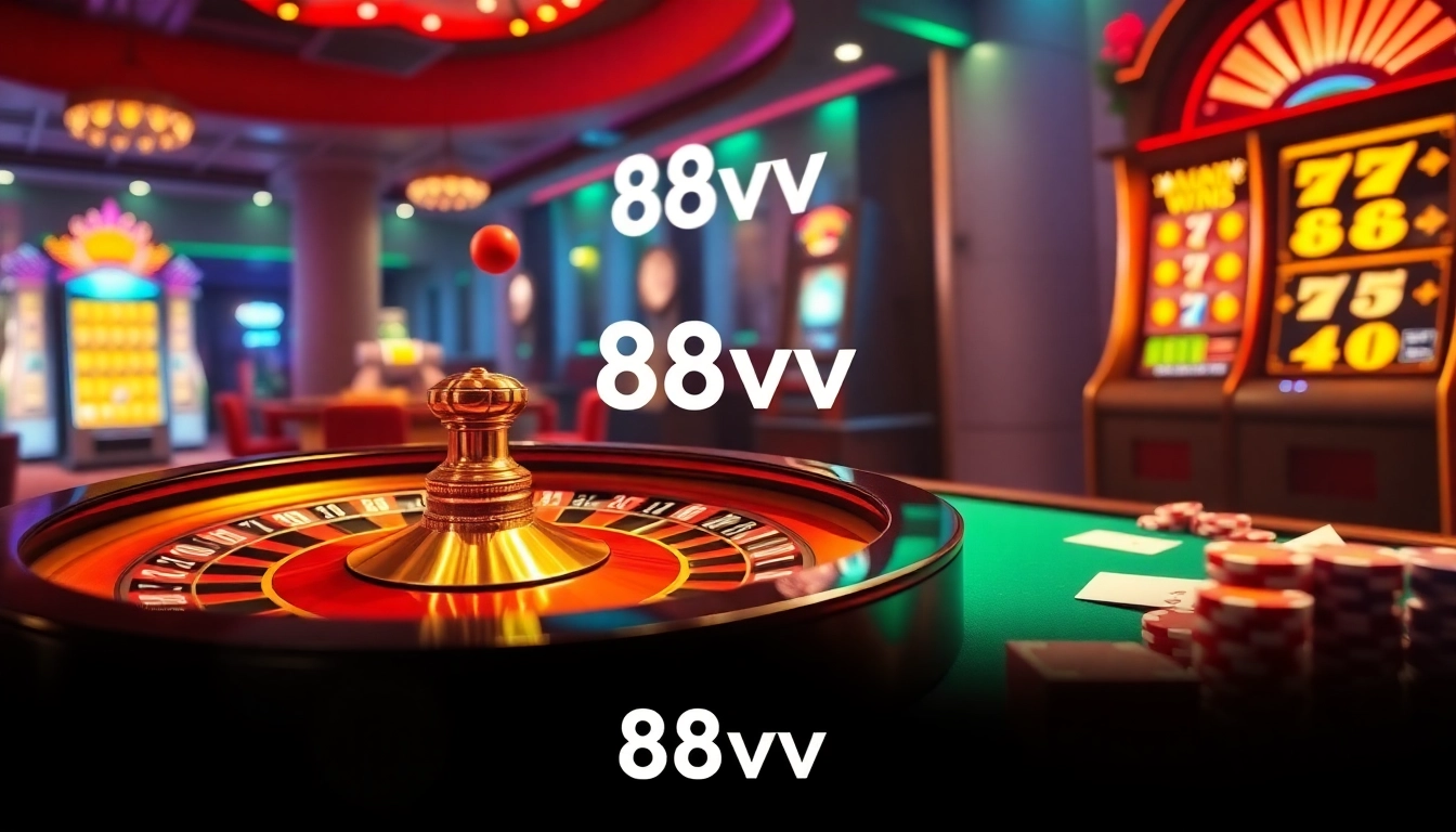 Experience the thrill of 88vv with a vibrant casino scene featuring roulette, poker chips, and a jackpot.