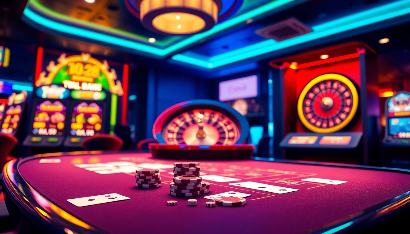Exciting casino scene featuring engaging gambling action at tr88 with colorful slot machines and poker chips.