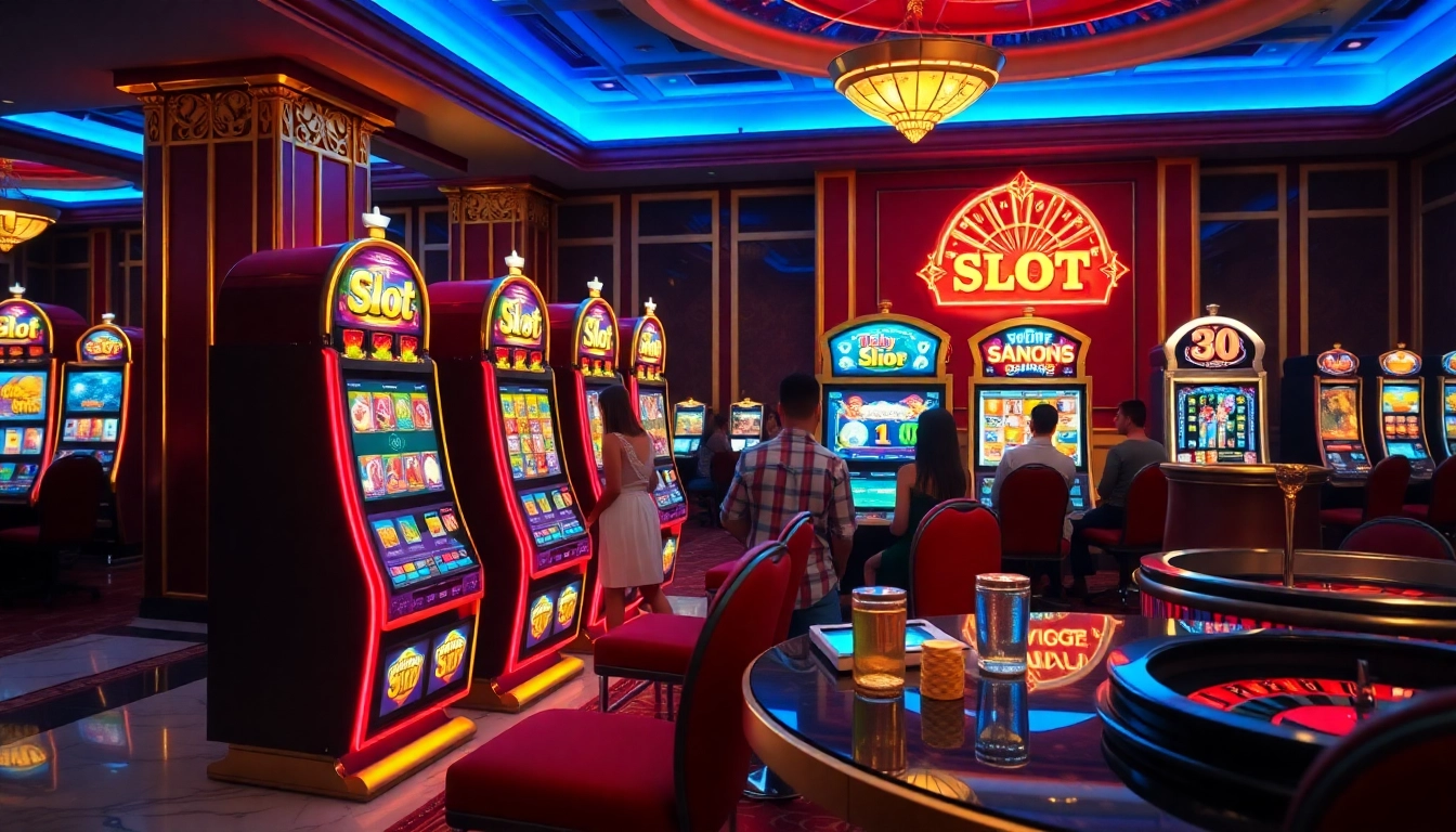 Players enjoying colorful slot games in a luxurious casino setting.