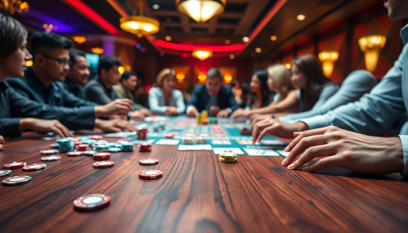 Mengakses link sbobet di kasino dengan pemain dan chip berwarna-warni di meja permainan.