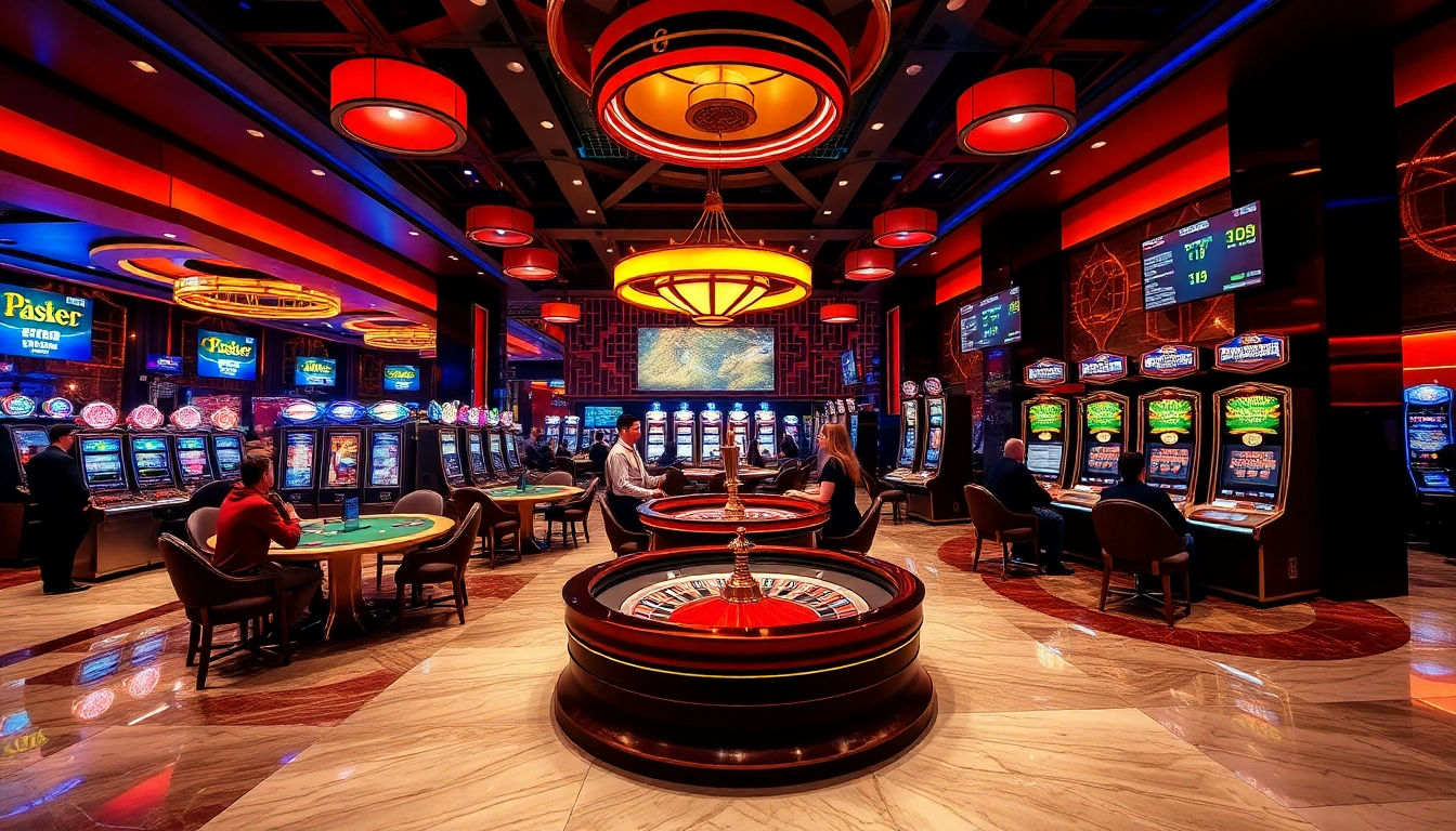 KP88 casino experience featuring vibrant poker tables and a bustling roulette wheel