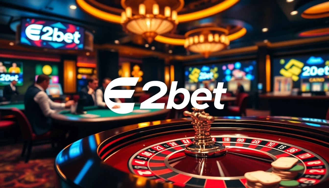 Experience thrilling gaming action at E2bet with vibrant roulette, poker tables, and exclusive online casino elements.