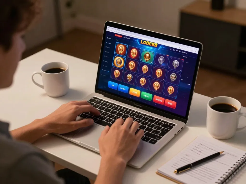 Engaged player on lode88 platform analyzing strategy notes while using a laptop for casino games