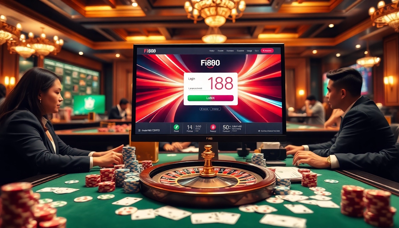 Engage with the vibrant casino atmosphere at đăng nhập Fi88, showcasing players and chips.