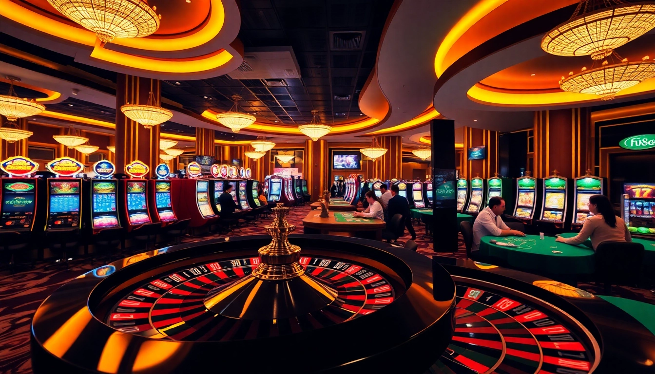 Thrilling gambling scene at five88 with vibrant slot machines and a Roulette wheel.