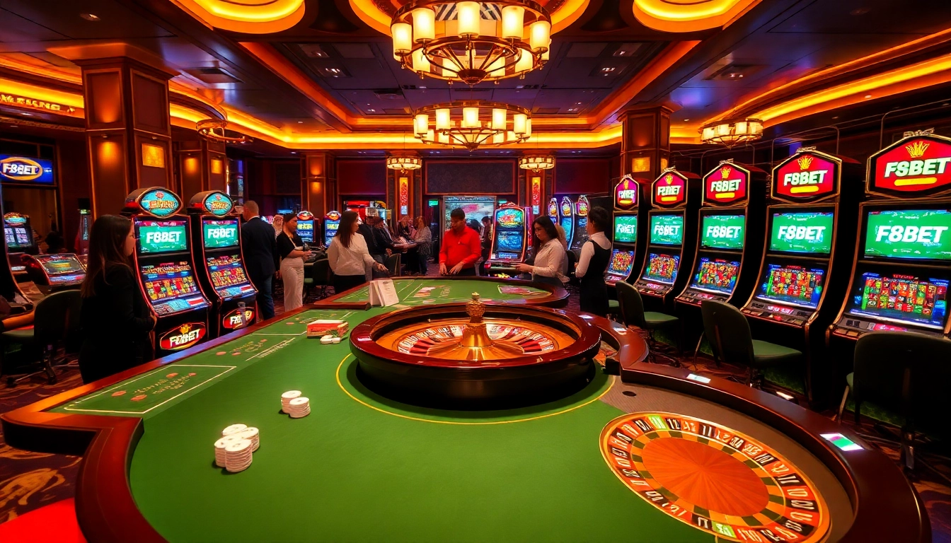 Experience the excitement of F8BET in a luxurious casino setting with vibrant gaming tables and slot machines.