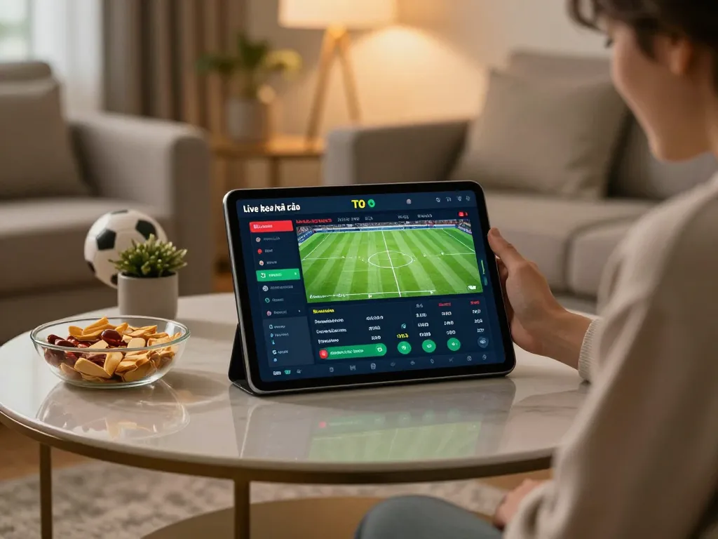 Engaging with kèo nhà cái on a tablet for live sports betting in a cozy home setting.