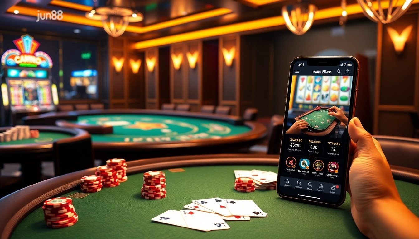 Experience the thrill of online gambling at Jun88 with a vibrant poker game setting showcasing excitement and luxury.