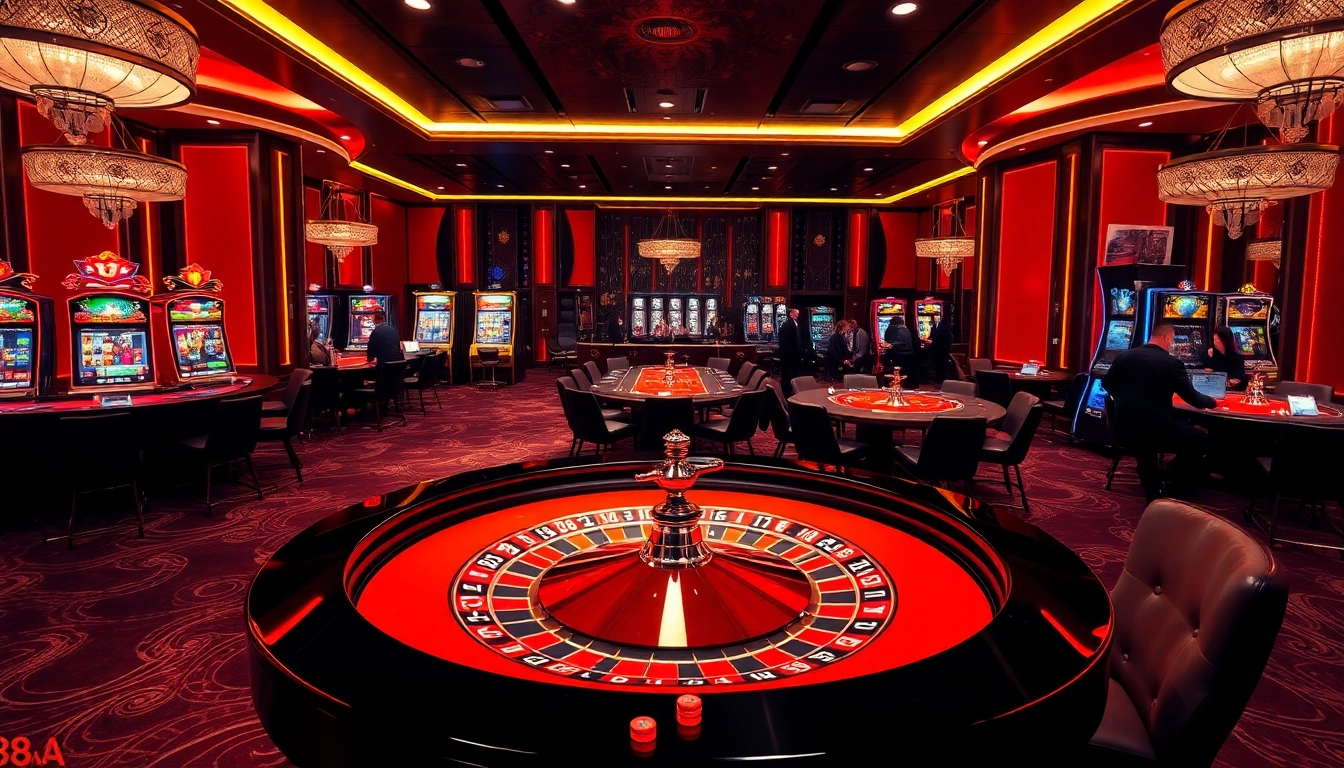A vibrant casino scene showcasing 88aa's exciting gaming experience with roulette, poker, and slot machines.