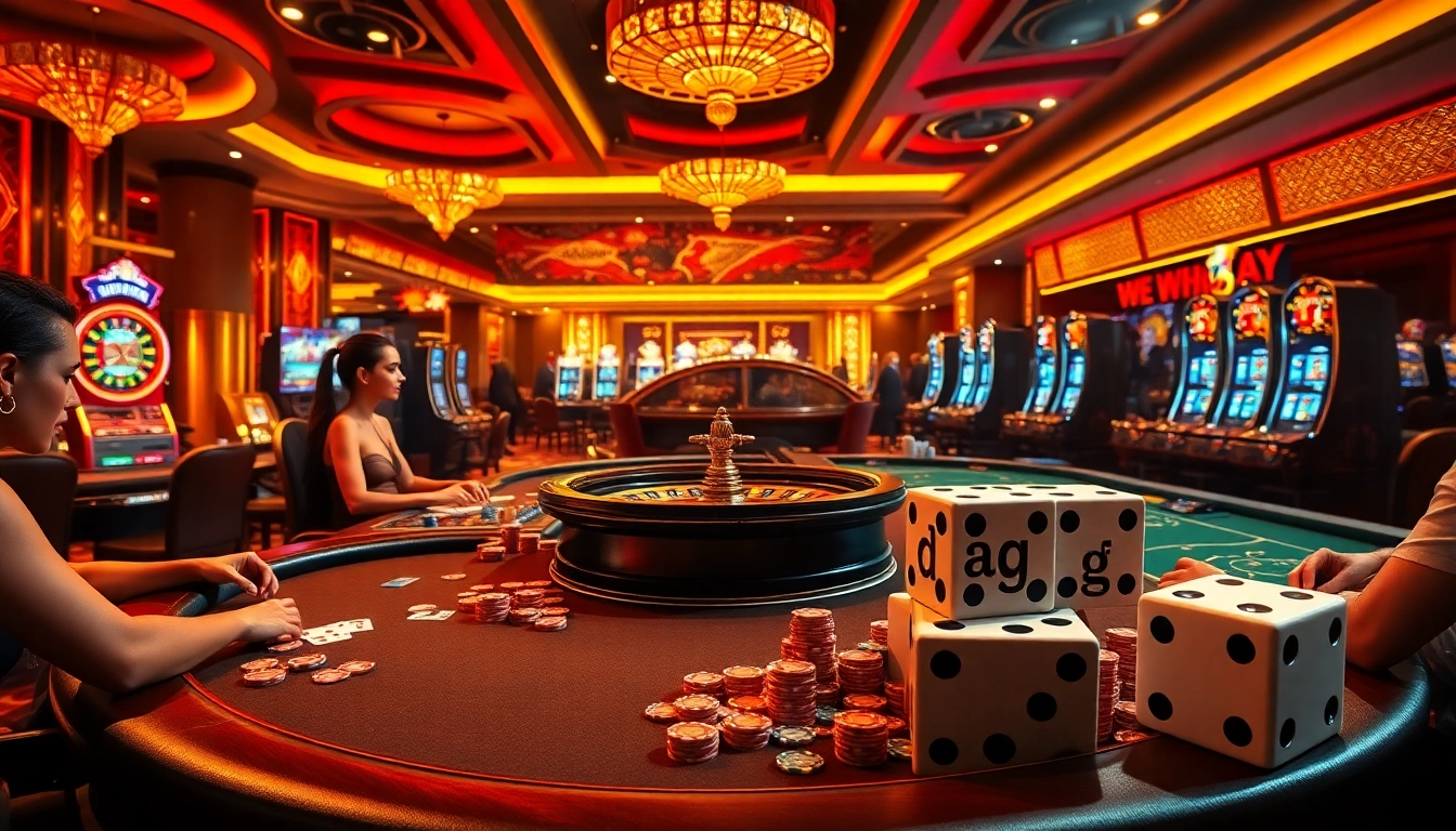 Dramatic casino scene with players enjoying games and "daga" themed dice enhancing the gambling excitement.