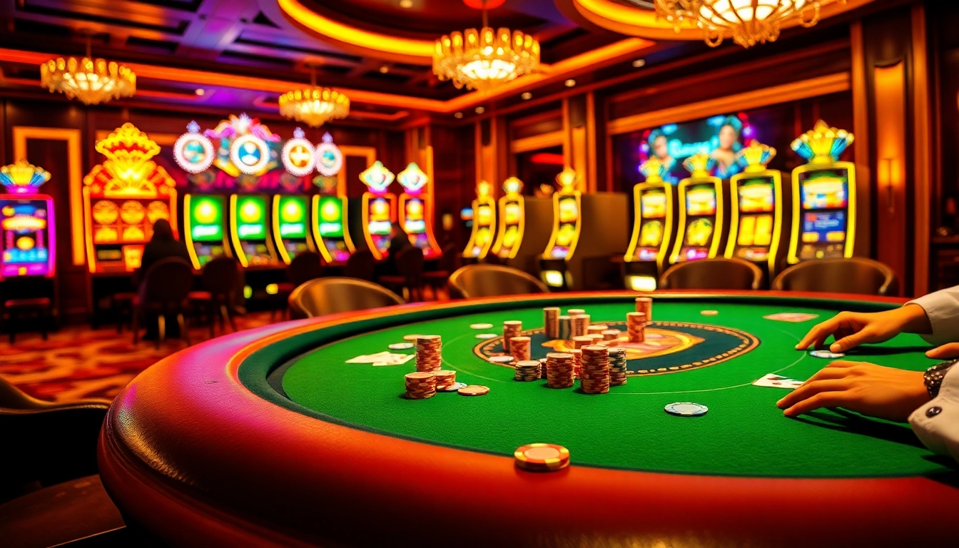 Players strategizing at an OKFUN casino poker table with vibrant visuals and exciting atmosphere.