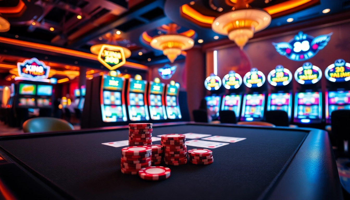 Players winning at Xin88 casino with vibrant slot machines and poker chips.