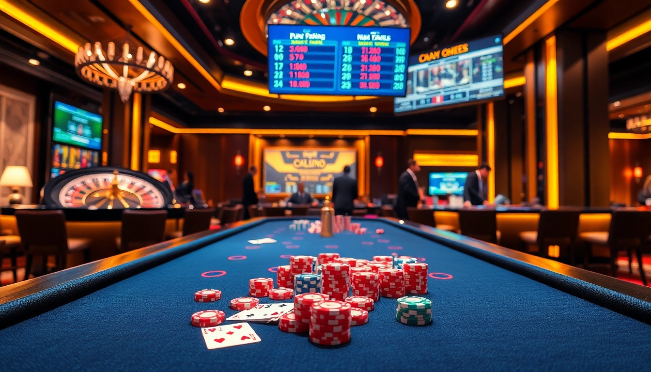 Exciting gambling action at nhà cái uu88 poker table with dealers and vibrant atmosphere.