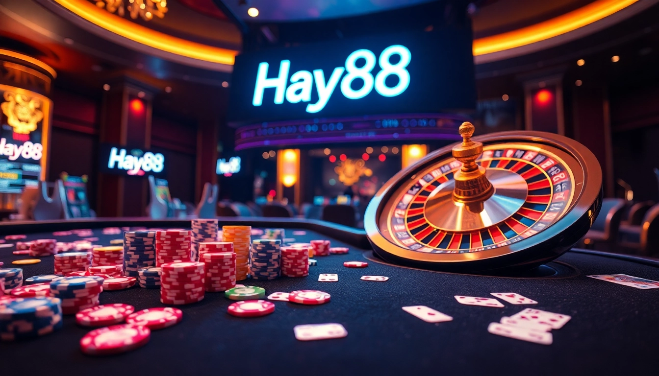 Engaging scene of a vibrant casino table with Hay88 branding, poker chips, and cards for online gambling.