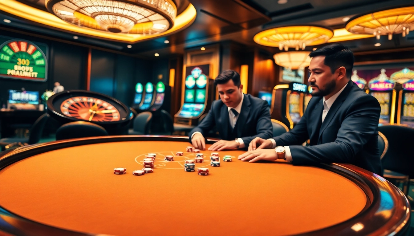 SBOBET players strategizing at a glamorous poker table with vibrant chips in luxury casino ambiance.
