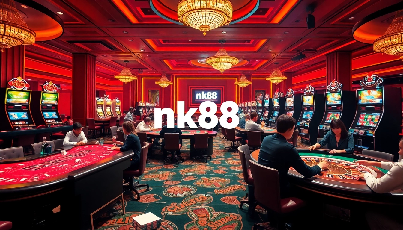 nk88 gamblers enjoying a lively casino atmosphere with tables, cards, and vibrant slots.