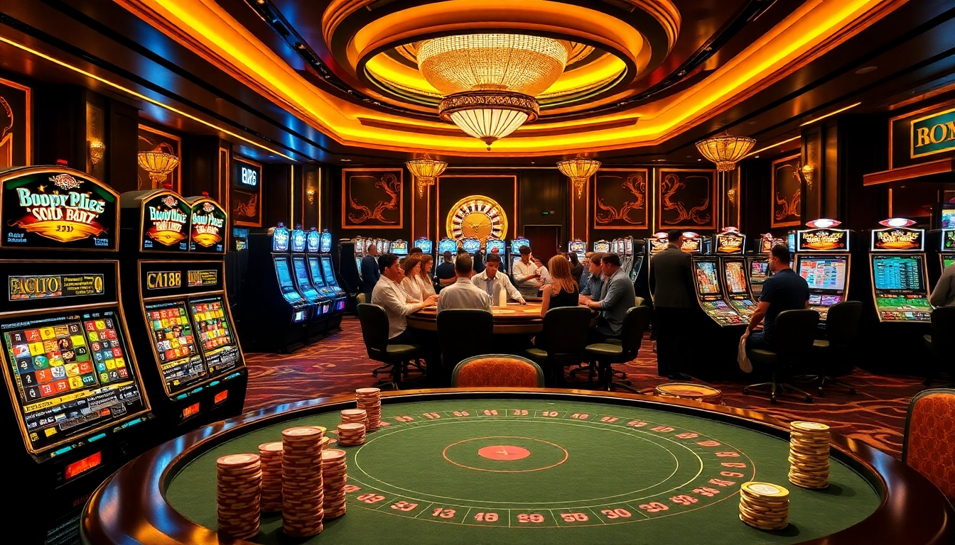 C168 gaming table at a luxurious casino with professional dealers and vibrant slot machines.
