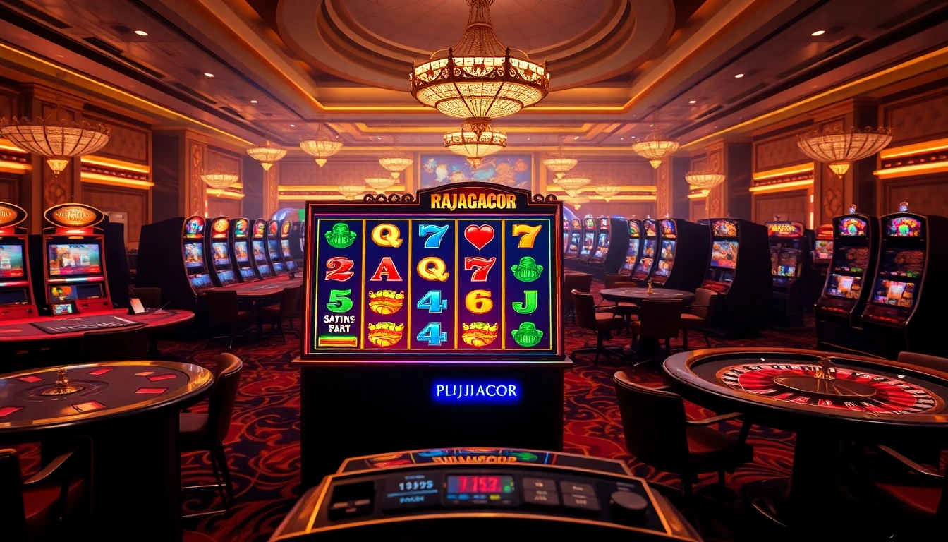Engaging with the RAJAGACOR slot machine in a luxury casino setting filled with gaming excitement.