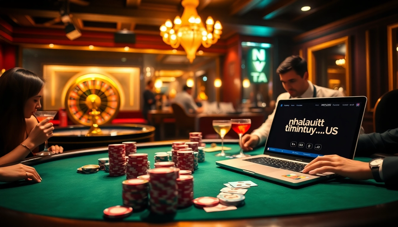 Engaged players at a luxurious poker table in a casino, showcasing the vibrant excitement of nhacaiuytinvn.us.com.