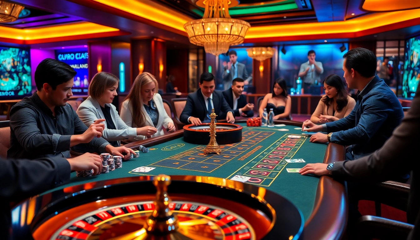 Gambling action at GK88 casino with players enjoying poker and roulette in a vibrant setting.