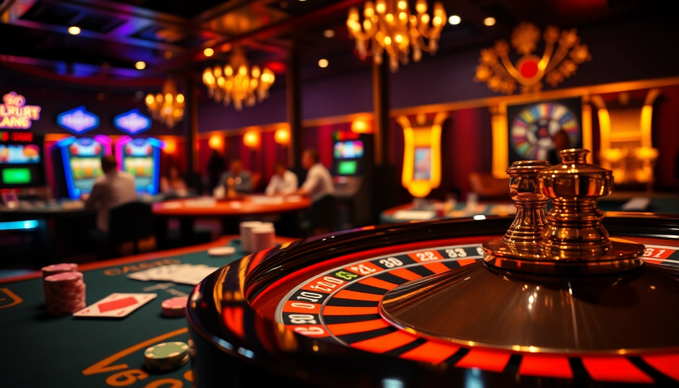 Players enjoying the spirited gambling atmosphere at ok365 with a roulette wheel and chips.