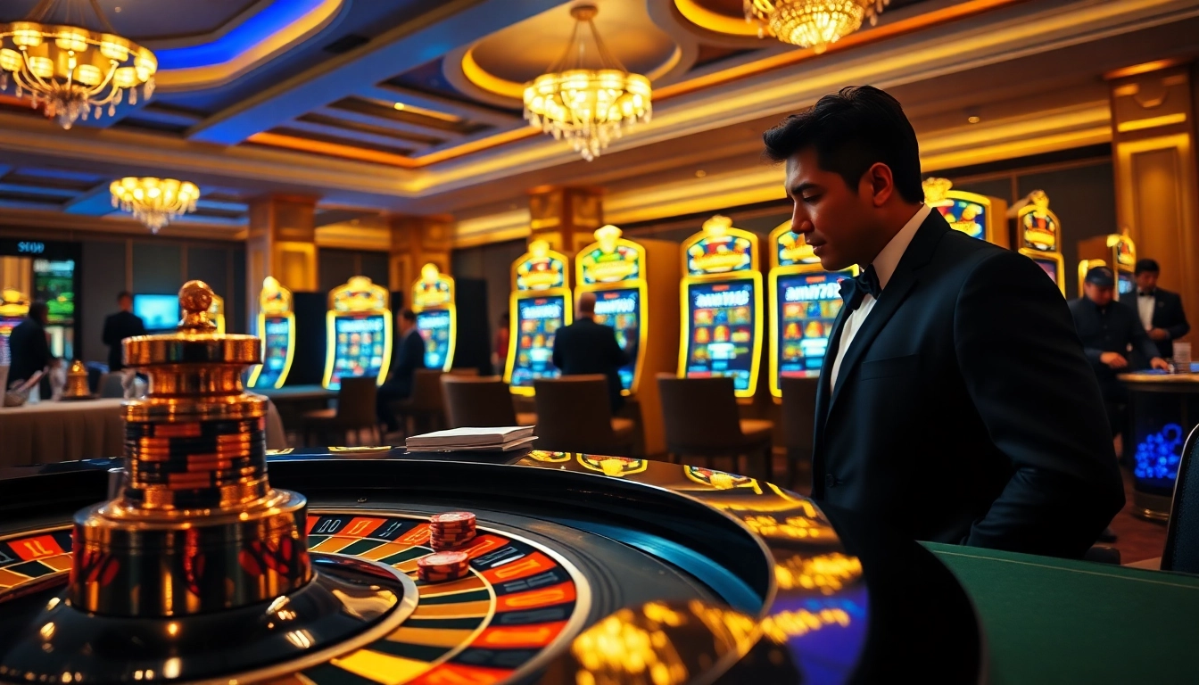 Suasana menarik yang menampilkan aman788 slot gacor di kasino mewah dengan roulette dan slot.