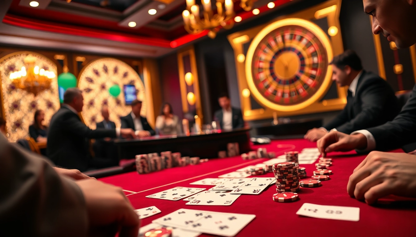 Experience high-stakes poker action at cucu777 casino with vibrant chips and cards.