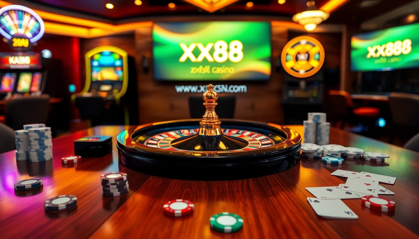 Exciting casino scene showcasing online gambling elements at https://xx88csn.com/, featuring roulette and poker.