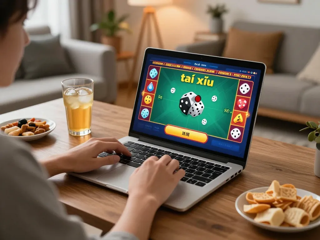Playing tài xỉu online on laptop in a cozy home gaming setup with snacks and warm lighting.