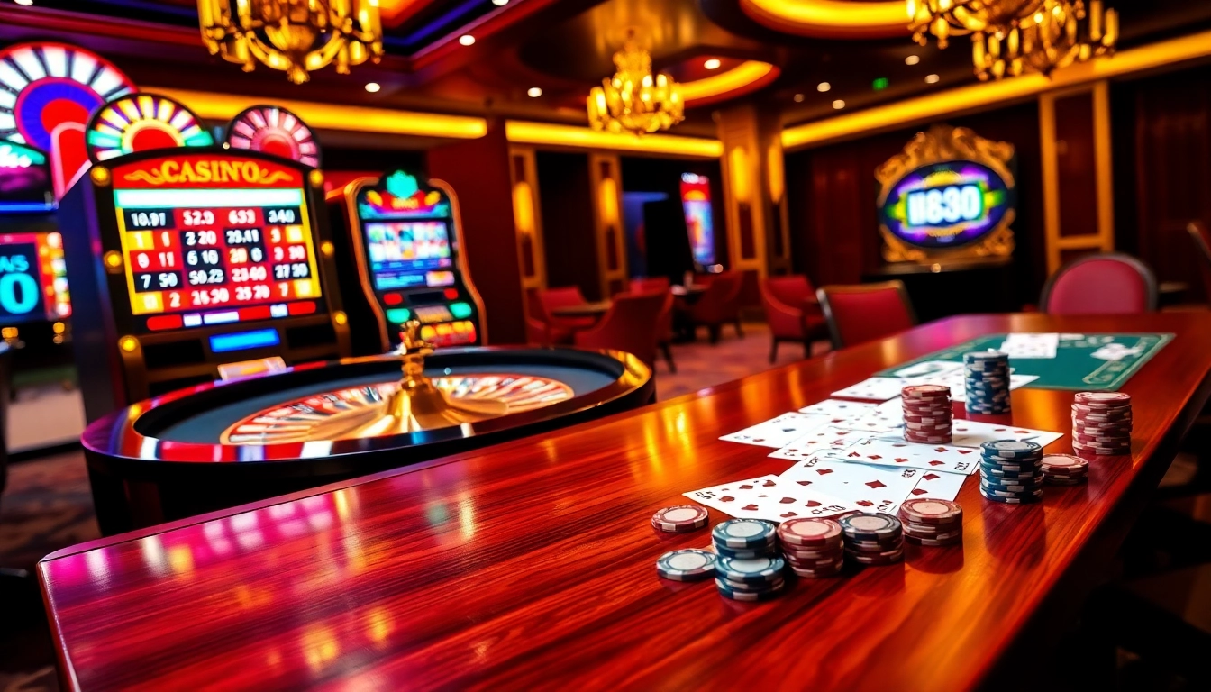 Experience the vibrant atmosphere of HM88 casino with poker cards and roulette table