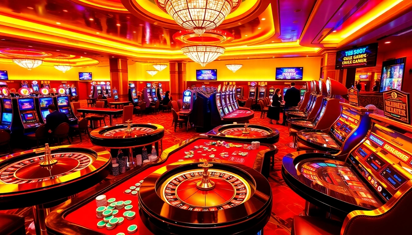 Exciting casino scene featuring fb88 promotional elements with vibrant tables and live players.