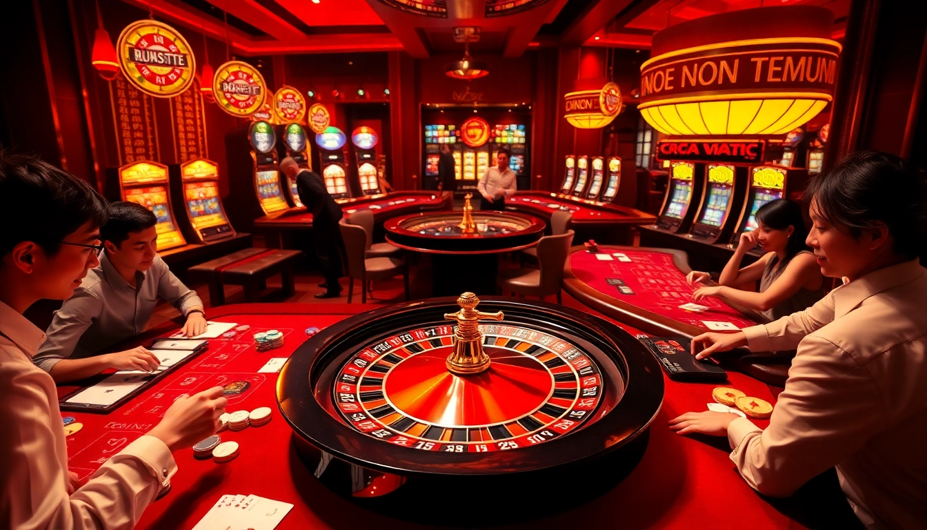 Players enjoying a high-stakes game at Nhà cái XX88's luxurious online casino atmosphere.