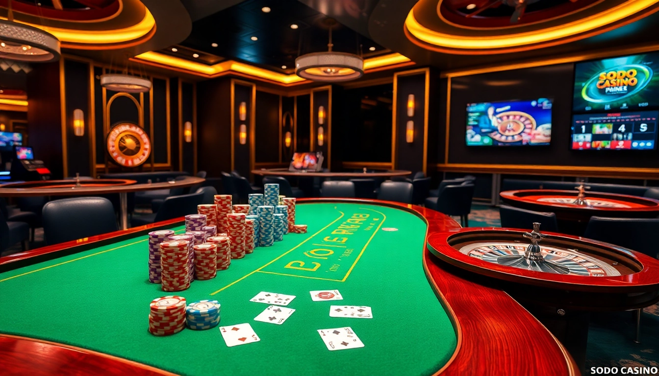 Enjoying a game at SODO CASINO with vibrant visuals of poker chips and roulette wheels.
