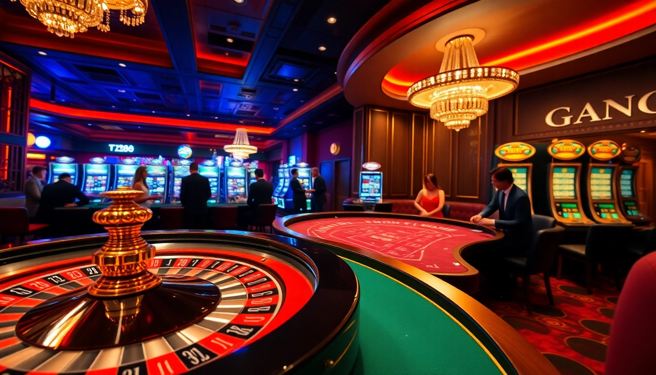 Players enjoying a thrilling casino scene with hz88-themed slot machines and roulette, embodying excitement.