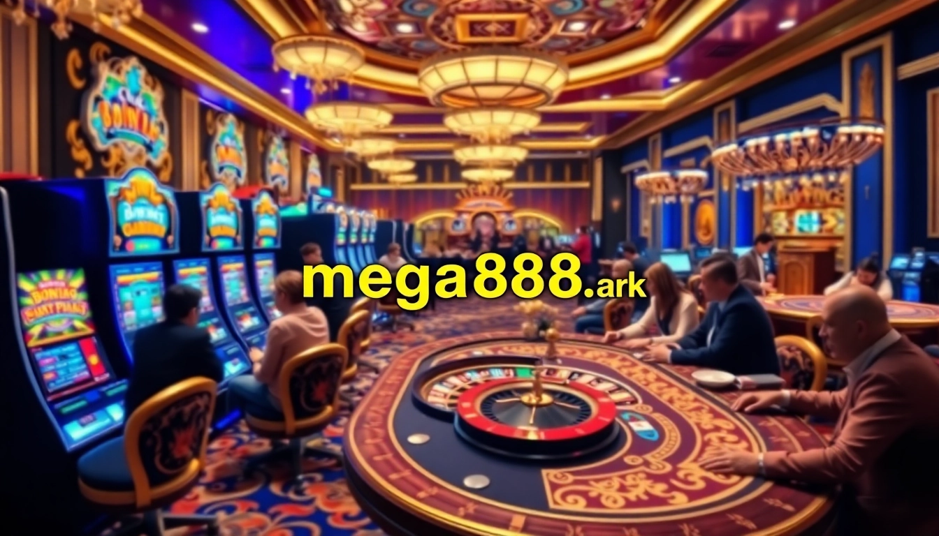 Experience thrilling gameplay with mega888.apk in a luxurious casino setting filled with slots and roulette.