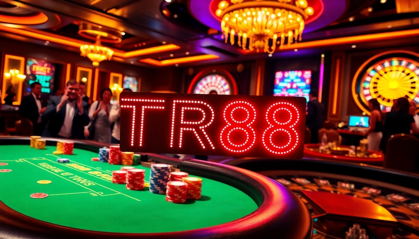 Players engaging at a vibrant casino table featuring TR88 neon lights and poker chips.