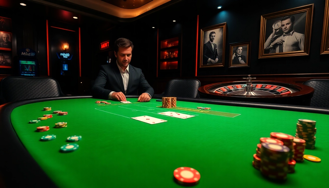Engage with mint88 strategies at a luxurious poker table with vibrant chips and expert players.