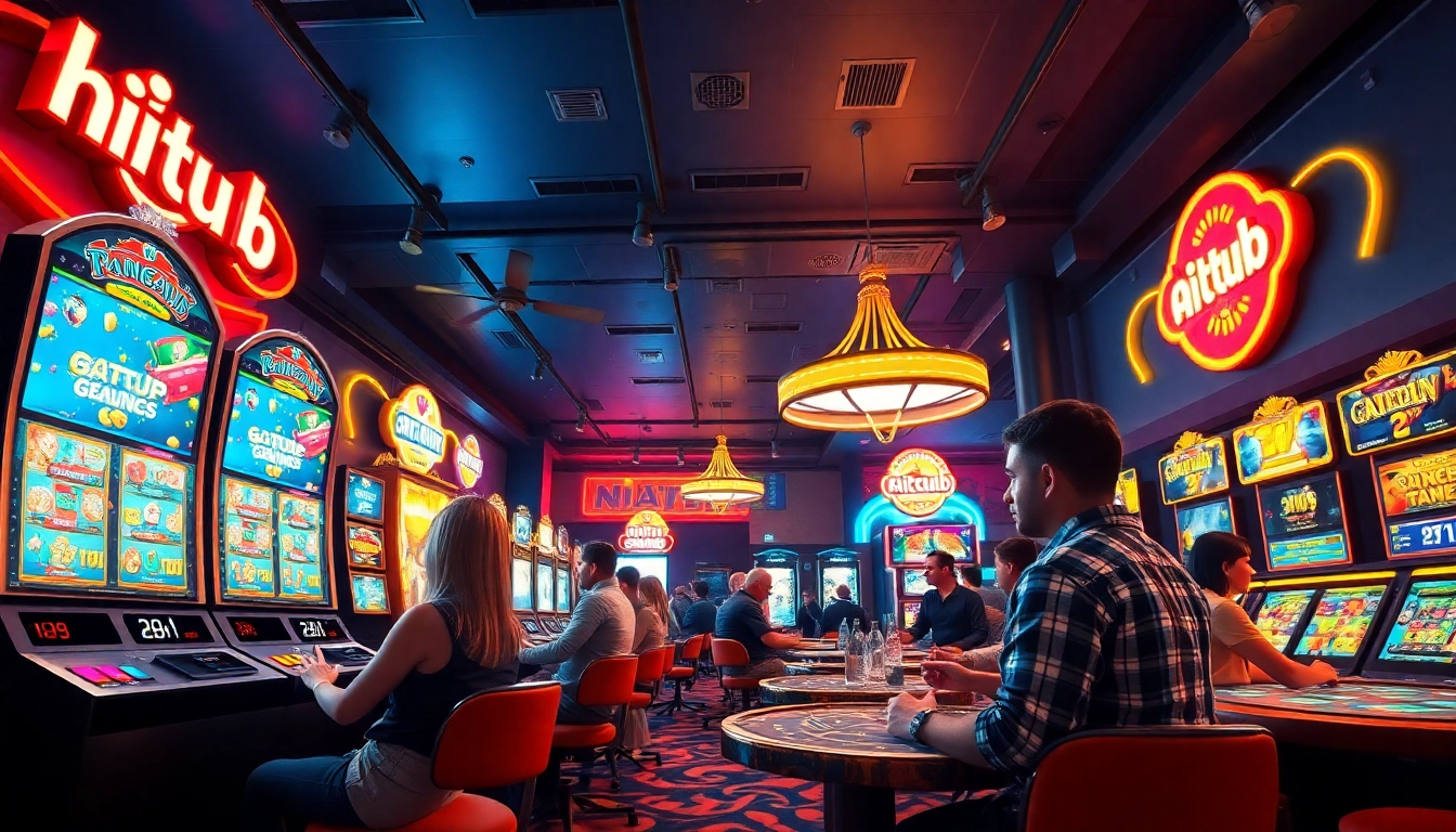Hitclub gaming experience with vibrant atmosphere and players enjoying diverse games like slots and cards.