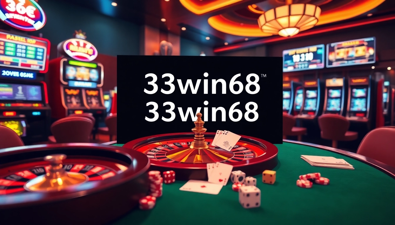 33win68 online gambling scene with poker chips, roulette wheel, and digital interfaces.