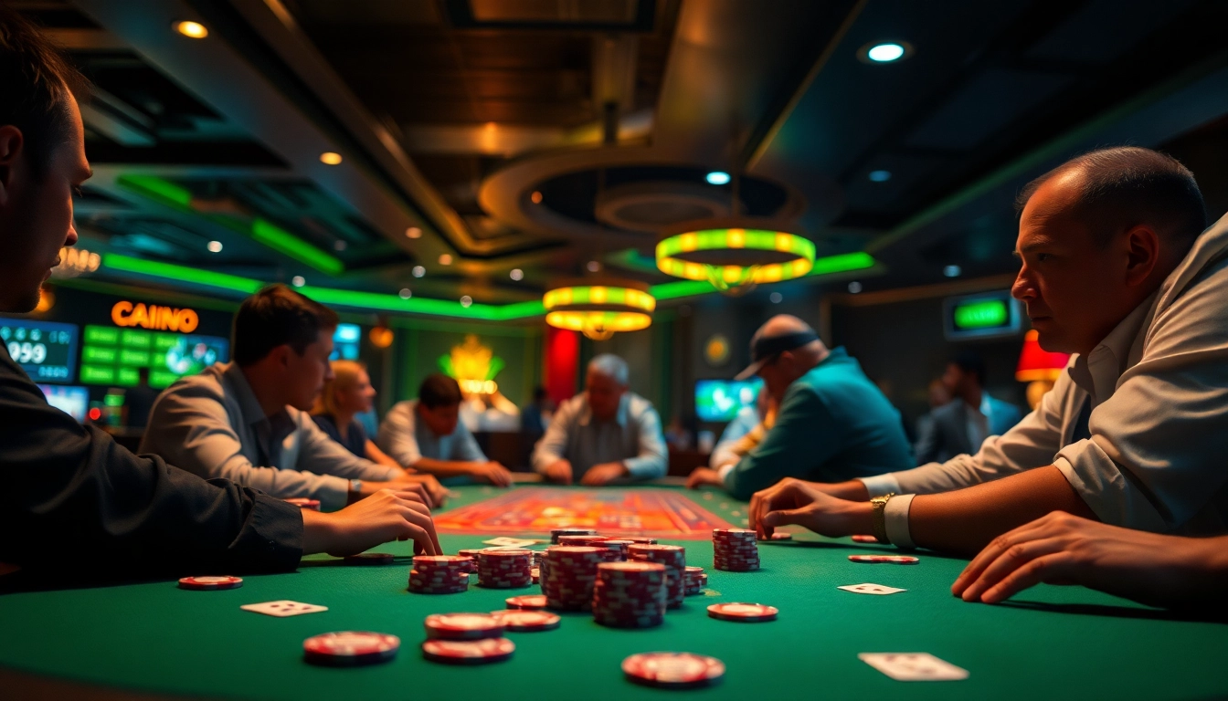 Permainan SBOBET88 di meja kasino dengan taruhan tinggi dan pemain fokus.