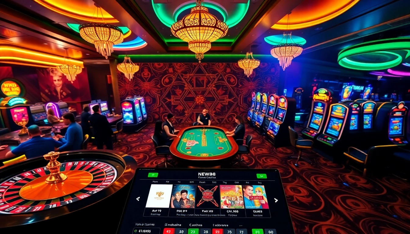 WIN big with NEW88 as vibrant casino tables glow under neon lights.