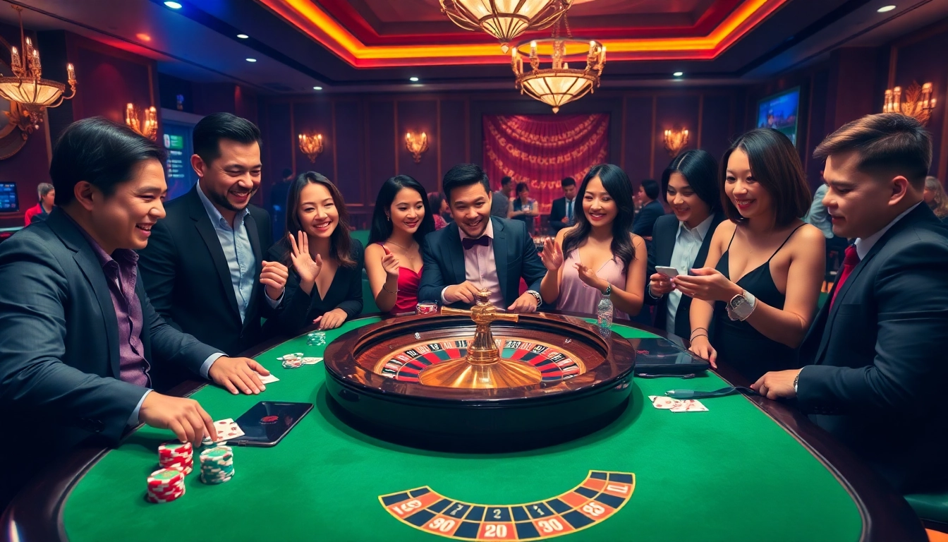 THABET players engaging at a luxurious casino table with poker chips and cards.