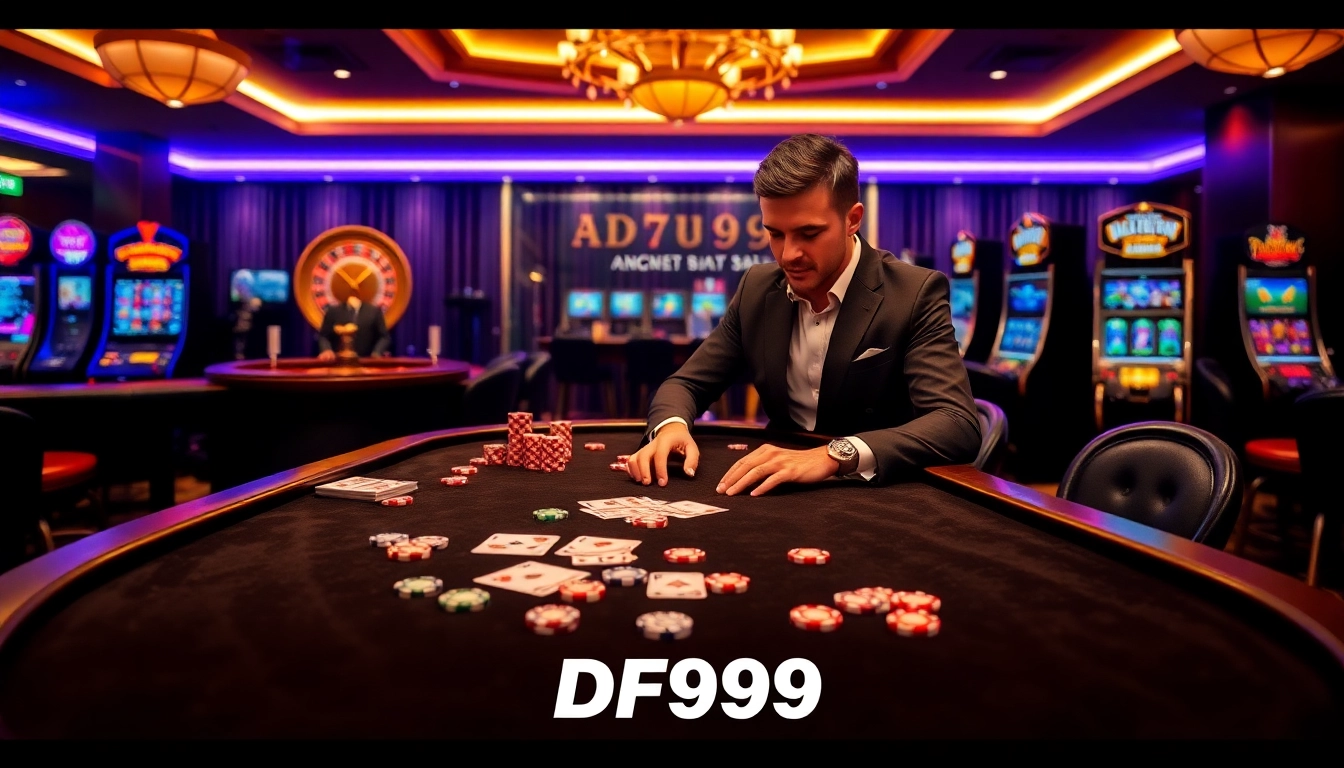 Experience the excitement of DF999 with a vibrant casino scene featuring poker chips and cards.