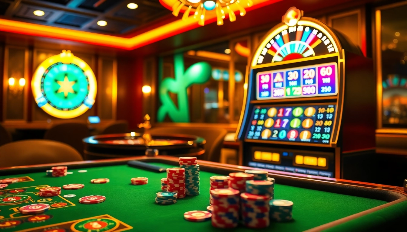 Experience the thrill of Nhà cái cm88 with casino tables and vibrant games in a luxurious environment.