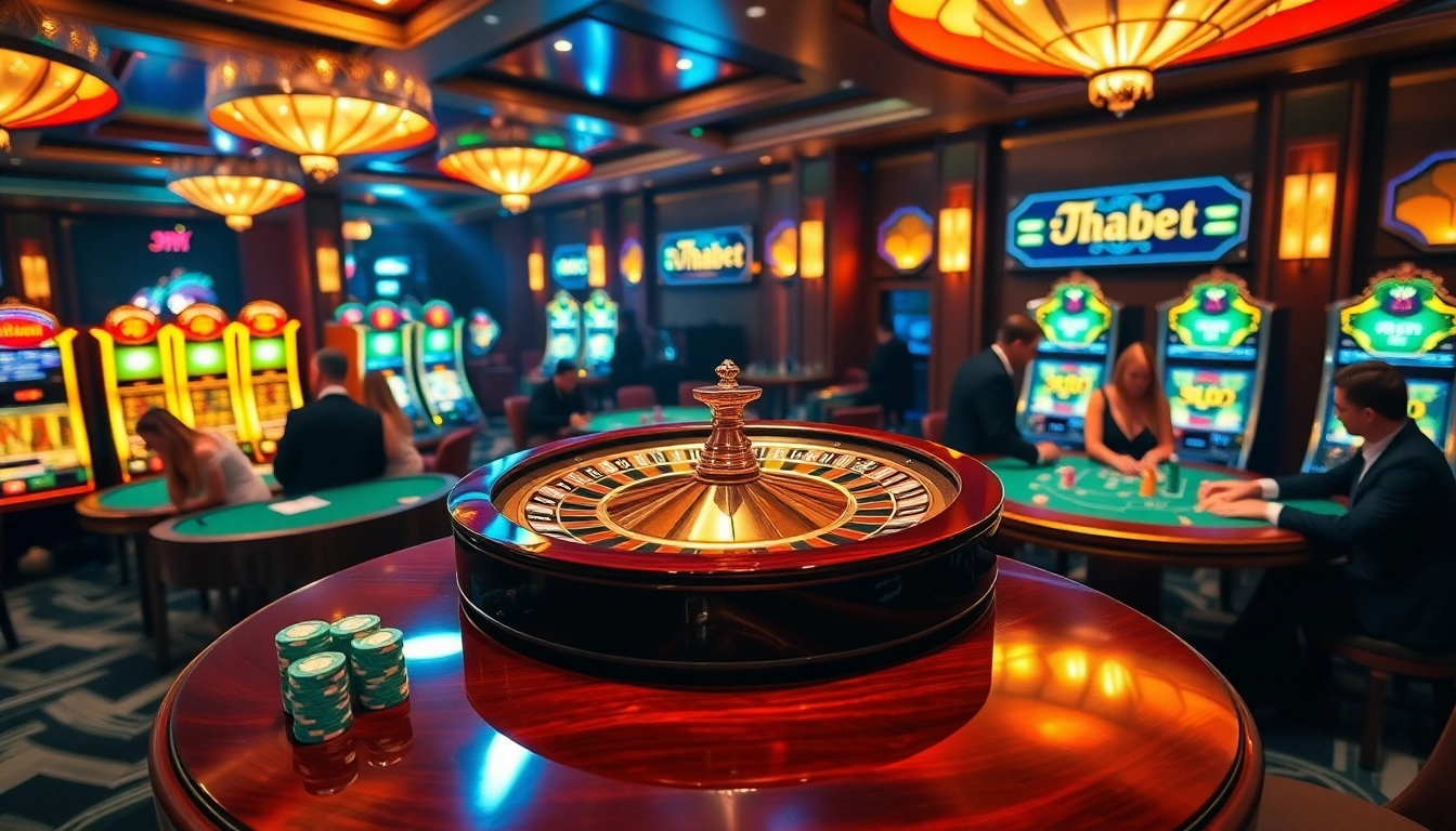 THABET's vibrant casino atmosphere with roulette wheel, poker chips, and dealers in action