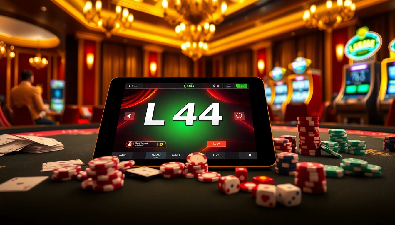 Experience the thrill of L444 casino gaming with a vibrant online interface displayed on a tablet, surrounded by classic casino elements.