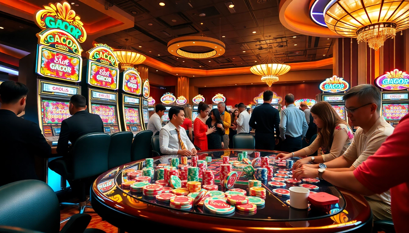 Experience Slot Gacor action with vibrant slot machines and excited players at a luxury casino.